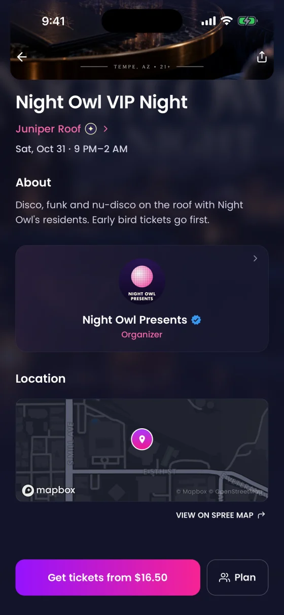 Event details in Spree: about the night, the organizer, the location, and a button to plan around it.