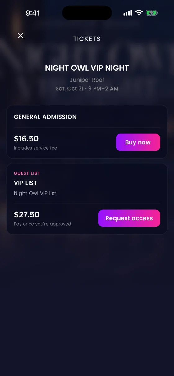 Ticket tiers for an event in Spree: general admission to buy, and a VIP guest list tier to request access to.