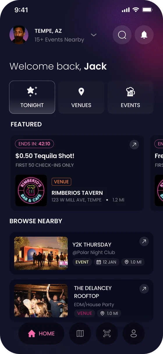 The Spree home screen, showing what is featured tonight and events nearby.