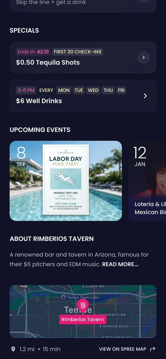 The same venue page scrolled down, showing tonight's specials, upcoming events and the venue's location.