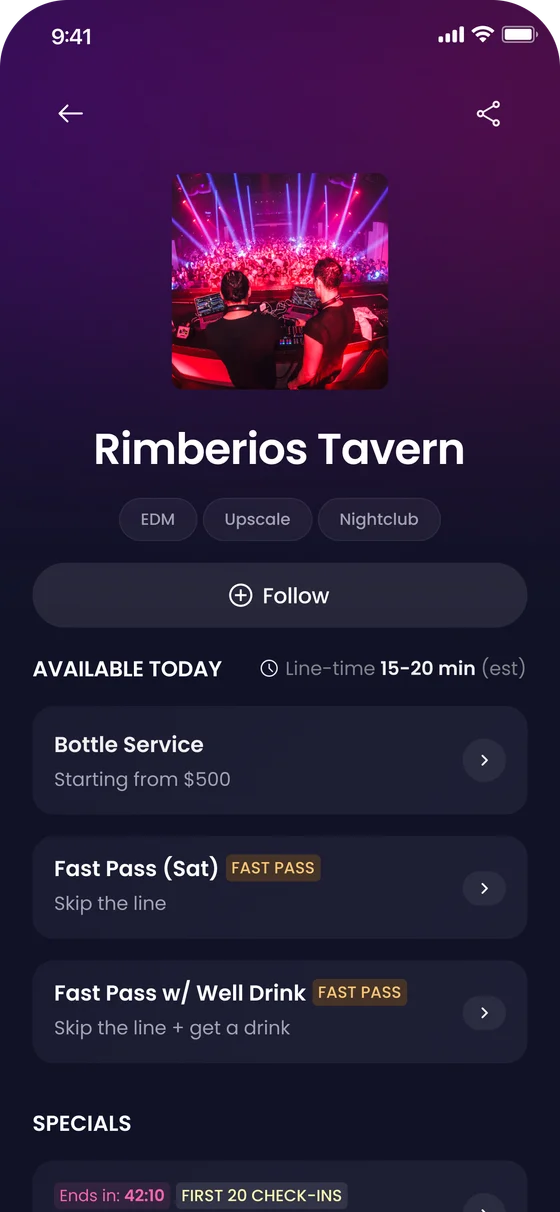 A venue page in Spree, listing the bottle service and Fast Passes you can buy for tonight.