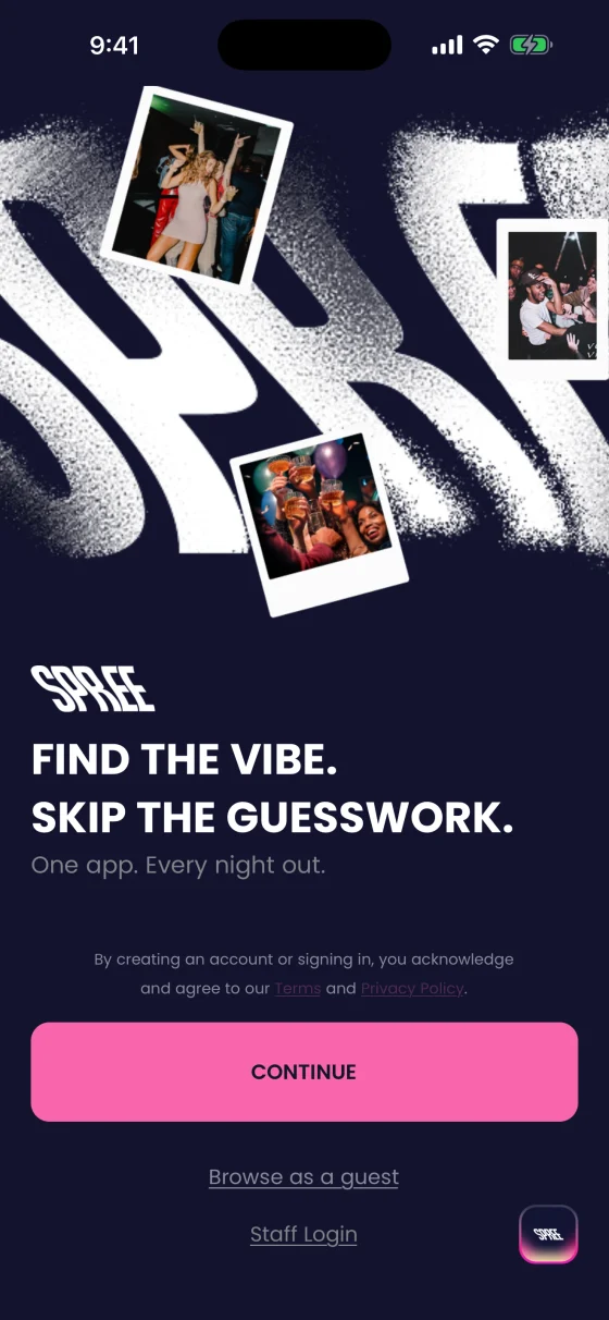 The Spree welcome screen: find the vibe, skip the guesswork. One app, every night out.